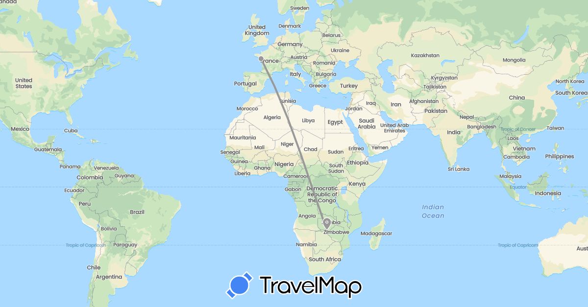 TravelMap itinerary: plane in France, Zimbabwe (Africa, Europe)